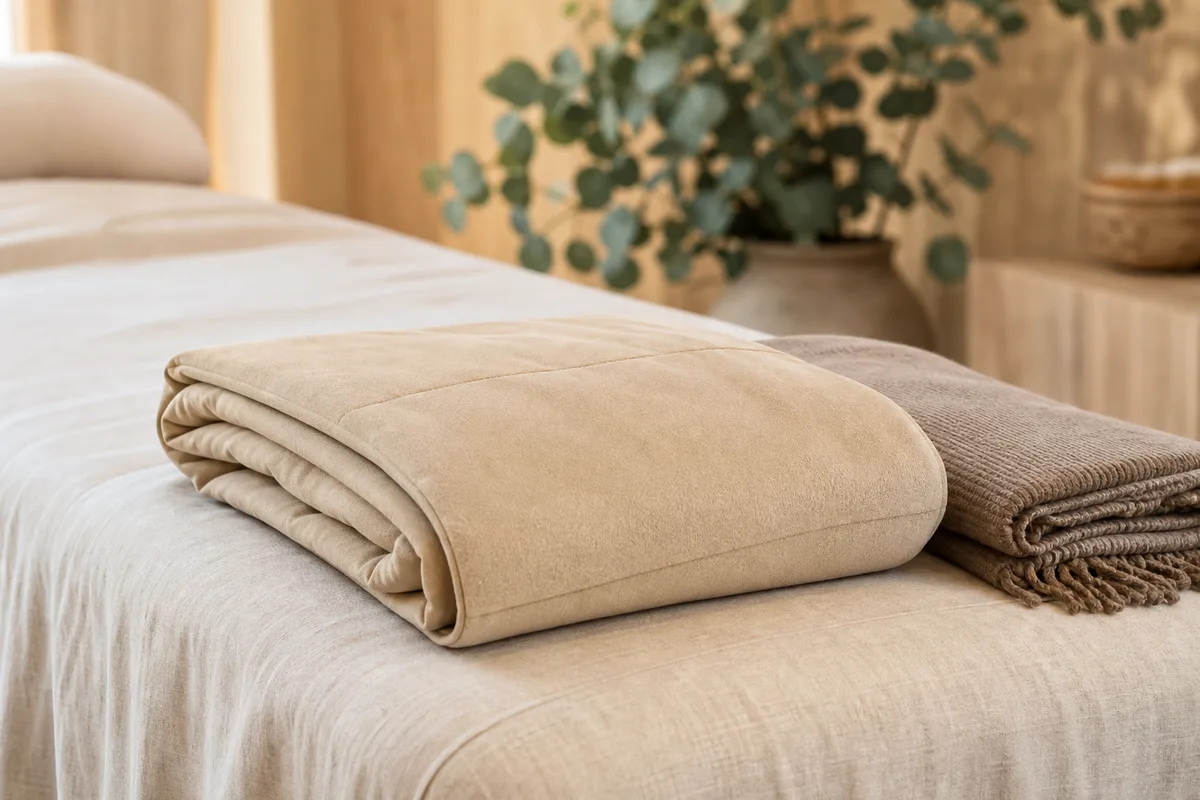 Coussin chauffant neutre posé sur une table de soin en réflexologie